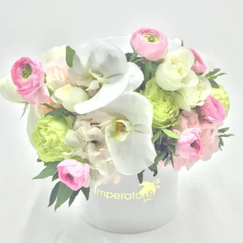 Flower box con orchidee e ranuncoli