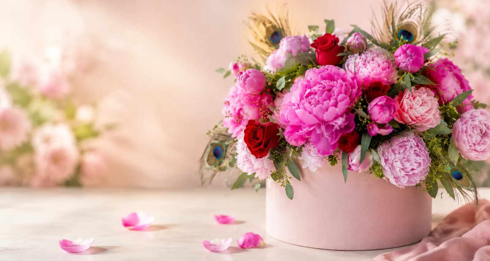 Box di fiori freschi con peonie e rose consegnato a domicilio a Napoli